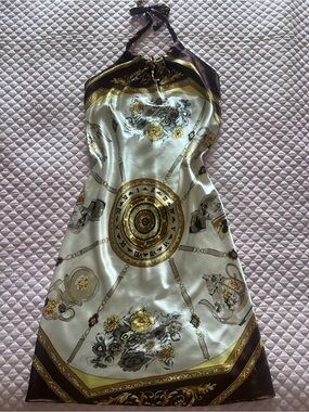 Vintage Strapless Silk-Feel Dress in Ivory and Gold with Brown Accents
